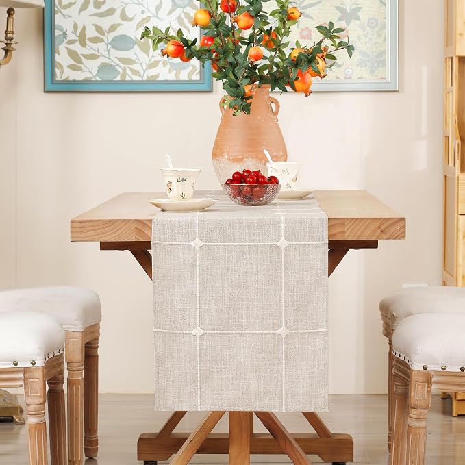 NEWISHER Rustic Embroidered Plaid Cloth Table Runner 48 inches, Farmhouse - Image 3