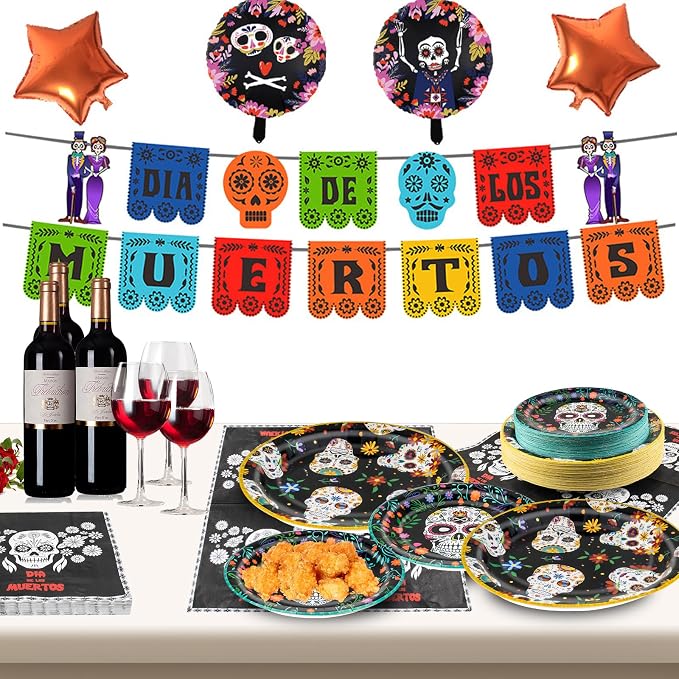180Pcs Day of the Dead Party Supplies Paper Plates and Napkins Serve 60 | - Image 7