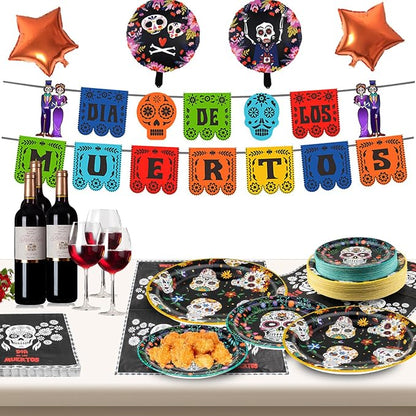 180Pcs Day of the Dead Party Supplies Paper Plates and Napkins Serve 60 | - Image 7