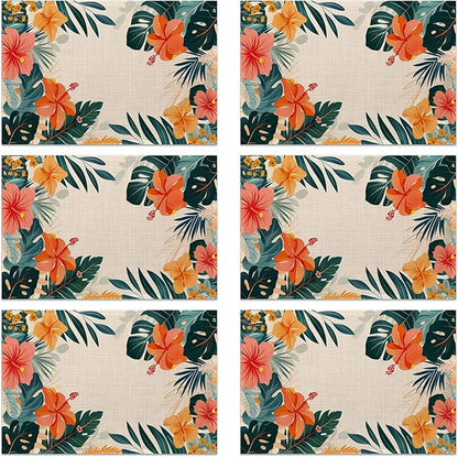 Placemats Set of 6 Tropical Floral Orange Flowers Place Mats Washable Kitchen Dining Linen Table Mats Stain Heat, for Home Party Indoor 12x18 in
