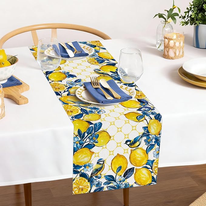 Summer Lemon Bird Table Runner Spring Blue Flowers Burlap Table Runners - Image 8