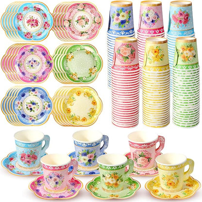 Nuogo 300 Pcs Floral Paper Tea Cups and Saucers 7 OZ Disposable Cups by Nuogo