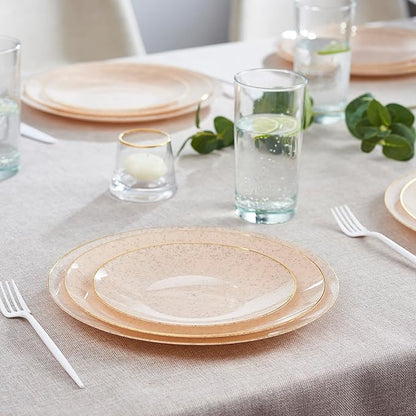 PLASTICPRO 30 Pack Disposable Plastic Plates Heavyweight Granite Look Elegant 9 inch Dinner Plates Pink with Gold Rim