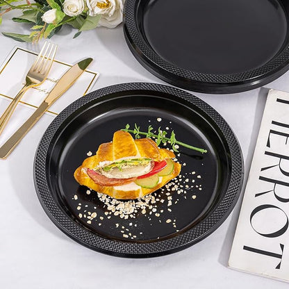 WELLIFE Black Plastic Plates 10 Inch -150 Count for Party, Plastic Disposable Dinner Plates for Easter Picnic BBQ