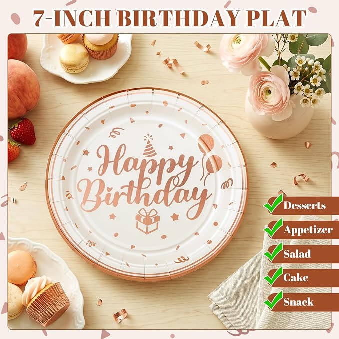 NatNarr 50 Pcs Happy Birthday Plates and Napkins Set, 7 Inch Pin Rose Gold - Image 4