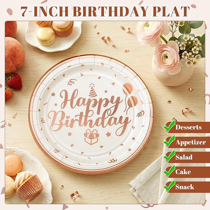 NatNarr 50 Pcs Happy Birthday Plates and Napkins Set, 7 Inch Pin Rose Gold - Image 4
