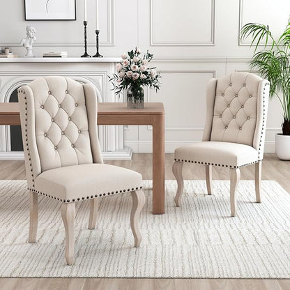 chairus Tufted Parsons Dining Chairs Set of 2, French Country Upholstered Dining Room Chairs with Nailhead Trim & Curved Wood Legs, Farmhouse High Back Armless Side Kitchen Chairs, Beige Linen