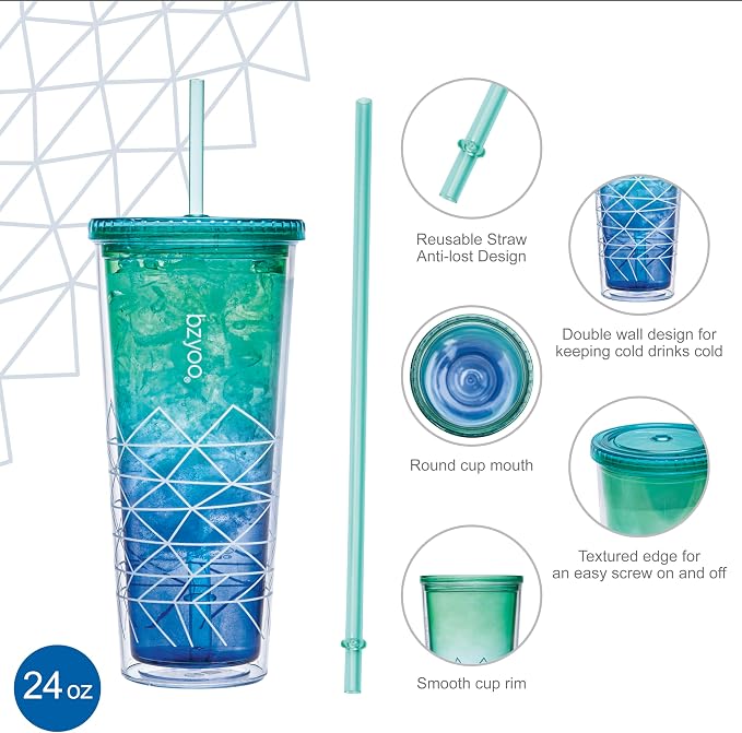 bzyoo 24oz Plastic Tumbler Cup, Lid & Straw, Iced Coffee, Spidy Blue - Image 5