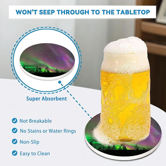 Drinks Coasters Set of 4, Aurora Round 4" Cup Coasters, Absorbent Ceramic Stone Coasters with Cork Base, Cute Coasters for Table Home Décor, Ideal Gifts for Women Men
