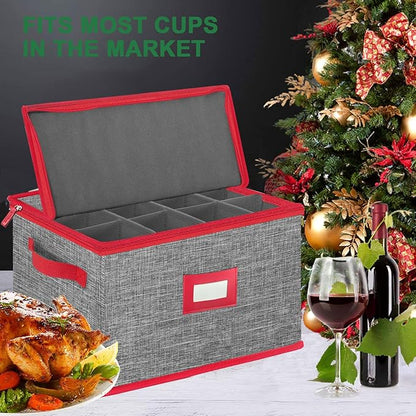 VERONLY Wine Glass Storage Box with Dividers, Stemware Storage Case Hard Shell Stackable for Up to 12 Glasses, Crystal Glassware Containers for Holidays (Grey and Red)
