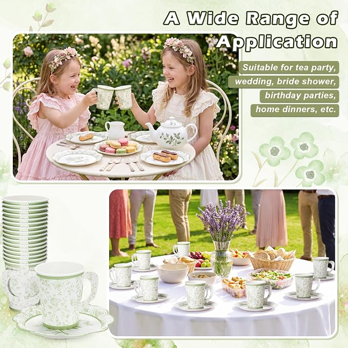 FillTouch 100 Sets Green Floral Paper Tea Cups and Saucers Disposable Paper Tea - Image 7