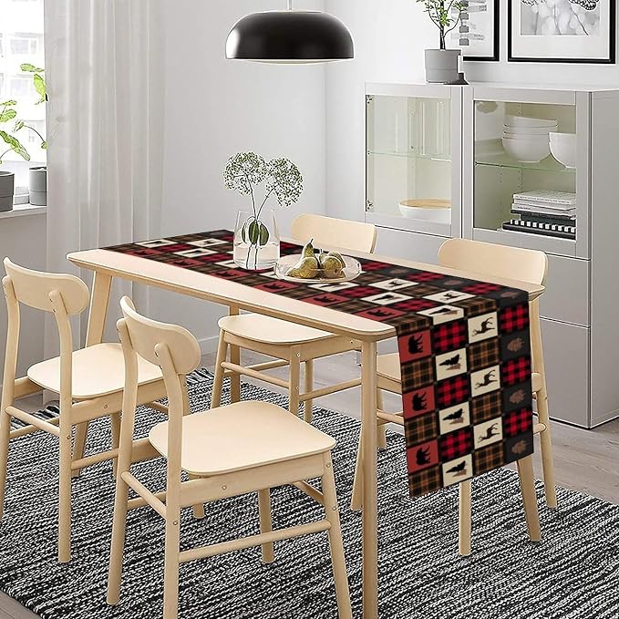 Rustic Bear Table Runner, Vintage Cottage Country Style Pine Tree Elk Wildlife - Image 3