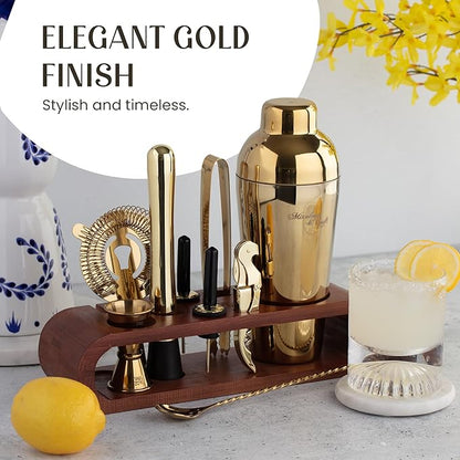 Mixology & Craft Cocktail Shaker Set with Dark Bamboo Stand - Professional 10-Piece Bartender Kit - Complete Bar Set & Cocktail Mixer Kit for Home (Gold)