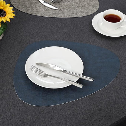 Placemats and Coasters, Washable Reversible Placemats Round Faux Leather Wipeable Place Mats Non Slip Heat Resistant Indoor Outdoor Table Mats (Set of 6, Gray Blue)