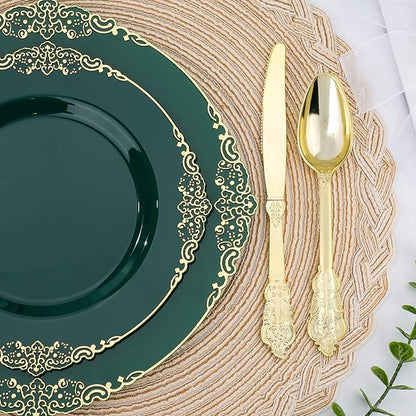 350 PCS Green and Gold Plastic Plates, Plastic Dinnerware Set for 50 Guests, 100 Disposable Plates, 150 Silverwares, 50 Cups, 50 Napkins for Party, Wedding, Graduation
