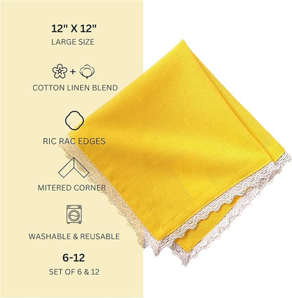Fingercraft Dinner Cloth Napkin Cotton Linen Blend 12 Pack 12In Mitered Corners with Elegant Lace for Everyday Use Napkins Cloth are Pre Shrunk and Good Absorbency Yellow