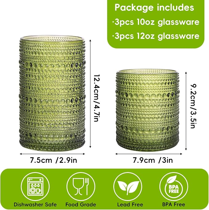 Moretoes Green Hobnail Drinking Glasses Set of 6, Glass Cups | 12 Oz Highball - Image 3