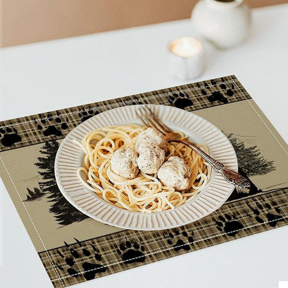 Retro Farmhouse Placemat Set, Rustic Brown Tartan Check Wildlife Bear Paw Silhouette Sketch Pine Tree Forest Pattern Home Decoration Linen Table Mats for Dining Room Kitchen Party (17x12in) x6P