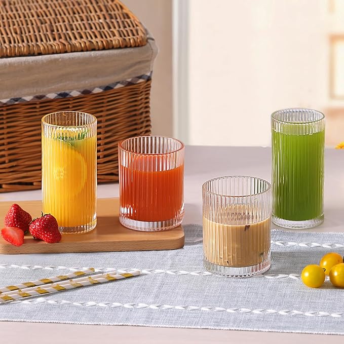 Moretoes Ribbed Drinking Glasses Set of 12, Water Glass Cups | Mixed Glassware - Image 5