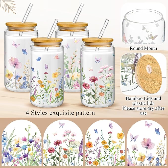 Mumufy 4 Pack Wildflower Glass Cups Gift Aesthetic Cute Glass Cup Tumbler - Image 3