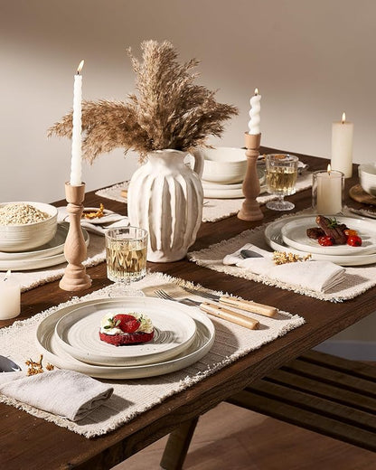 Stoneware Dinnerware Sets for 6, Reactive Glaze Plates & Bowls, Shell Beige | - Image 2