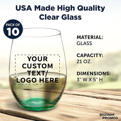 DISCOUNT PROMOS 10 ARC Stemless Wine Glasses Set, 21 oz. - Customizable Text, Logo - Chardonnay, Cabernet, Merlot, Sauvignon - Green