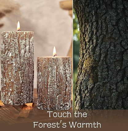 Classic Pine Tree Bark Texture Pillar Candles Set - Real Wax 3 Sizes (4", 5", 6" Tall) Rustic Decor Fireplace Candles, Unscented Woodland Style Pillar Candle for Home, Dining Table, Holiday Decor