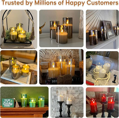 Eywamage Gold Glass Flameless Pillar Candles with Remote, Flickering Christmas LED Candles Battery Operated Set of 3