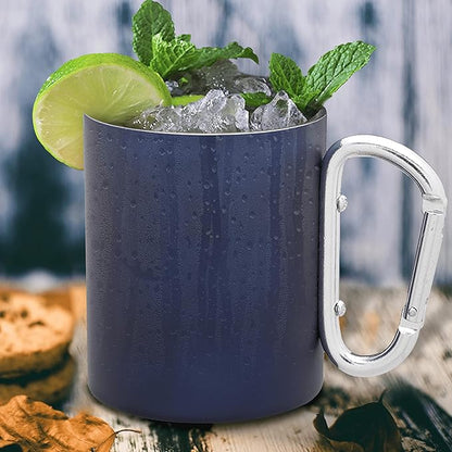DISCOUNT PROMOS Stainless Steel Mugs with Carabiner Handle 10 oz. Set of 10, Bulk Pack - Perfect for Coffee, Soda, Other Hot & Cold Beverages - Navy Blue