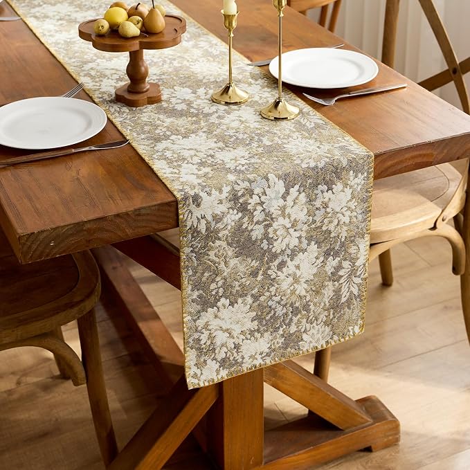 ORTIGIA Vintage Floral Table Runner, Boho Chenille Beige Farmhouse Rustic Runner - Image 3