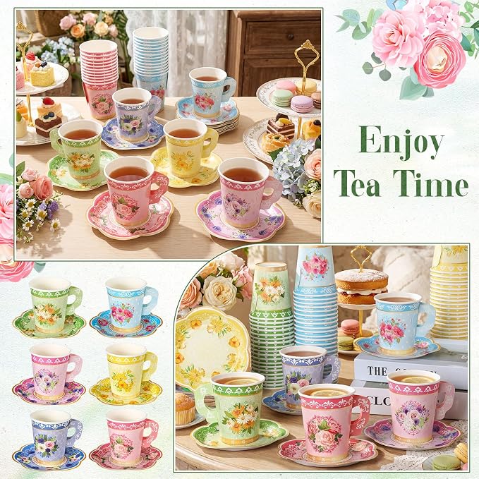 Nuogo 300 Pcs Floral Paper Tea Cups and Saucers 9 OZ Disposable Cups - Image 5