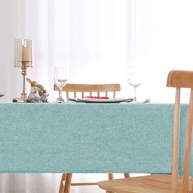 Hiasan Faux Linen Rectangle Tablecloth - Wrinkle and Stain Resistant Washable Table Cloth for Kitchen Dining Room Holiday Table Cover for Party Dinner, Aqua, 60 x 120 Inch