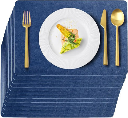 Vinyl Placemats Set of 12 Faux Leather 100% Waterproof Wipeable Washable Place Mats Heat Resistant Easy Clean Non-Slip Table Mats for Indoor Outdoor. (12,Blue)