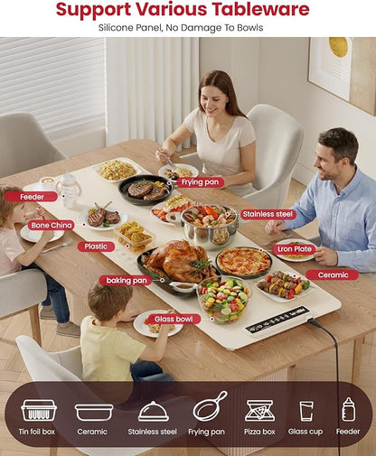Extra Large Food Warming Mat for Countertop (XXXL 40”x16”) - Full-Surface Heating Pad with 4 Temps Settings, Ideal for Buffet Party Food Warmer, Roll-Up Electric Warming Tray for All Gathering, Beige