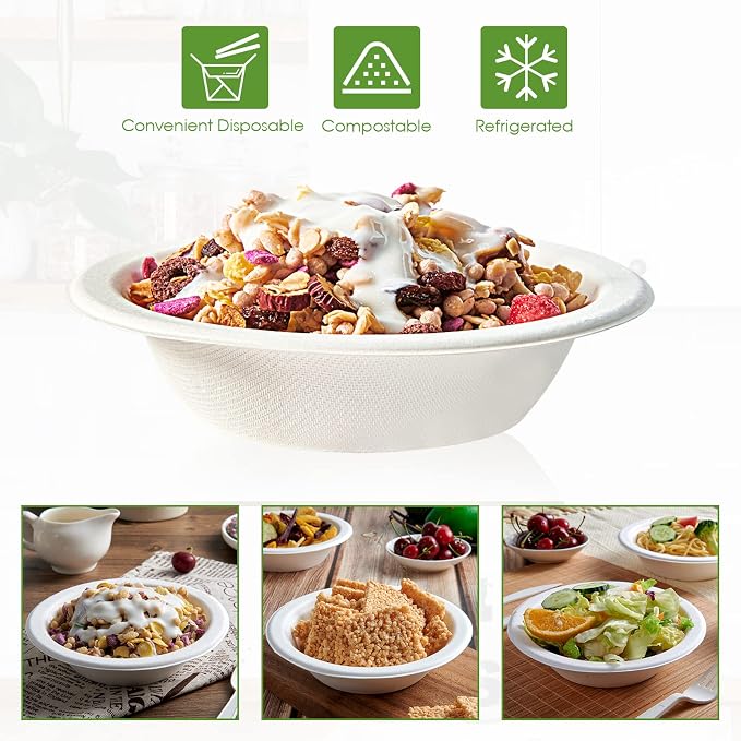 Vplus 200 Pack 16 OZ Compostable Paper Bowls, Bagasse Bowls，White | Disposable - Image 6