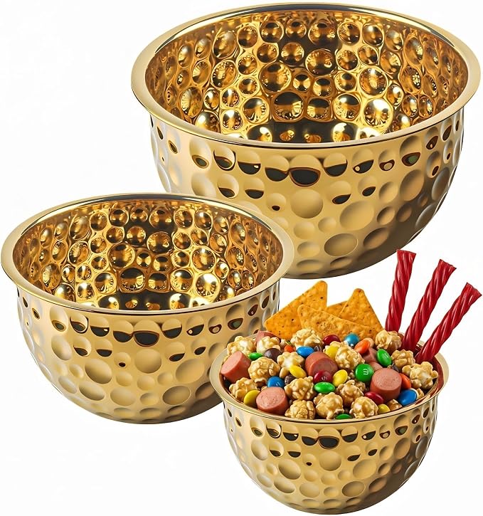 Gold Serving Bowls, Hammered Gold Bowls Set of 3, Large Popcorn Bowl Elegant by Unknown