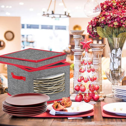 VERONLY Christmas China Storage Containers-Dish Plate Storage Containers Hard Shell and Stackable,Dinnerware Storage with 24 Felt Dividers, Hold 24 Plates,2 PACK (12" W x 8" H)