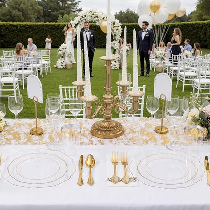 KIRE 210Pcs Clear and Gold Plastic Plates - Heavy Duty Clear Plates with Gold Rim - Disposable Dinnerware Sets of 60 Plastic Plate 90 Silverware 30 Cups 30 Napkins for Wedding/Thanksgiving Parties