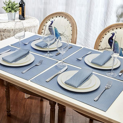 Place Mats Set of 8 – Rectangle Rectangular Waterproof Fabric Polyester Cloth Washable Wipeable Heat Resistant Placemats for Kitchen Dining Dinner Table Indoor 13 x 19 Inch Light Blue