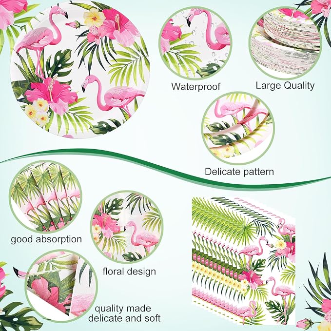 Funnymoom 250 Pcs Hawaiian Flamingo Party Decoration Luau Themed Paper Plates - Image 3