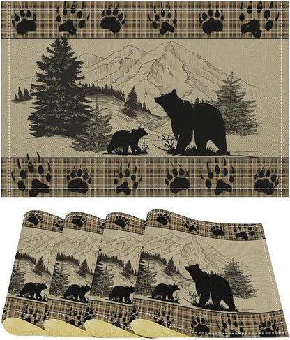 Retro Farmhouse Placemat Set, Rustic Brown Tartan Check Wildlife Bear Paw Silhouette Sketch Pine Tree Forest Pattern Home Decoration Linen Table Mats for Dining Room Kitchen Party (17x12in) x4P