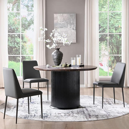 T4TREAM 47" Fluted Round Dining Table for 4-6, Mid-Century Modern Kitchen Table with Thickened Edge & Cylindrical Base for Dining Room, Kitchen, Living Room,Walnut & Black(Table Only)