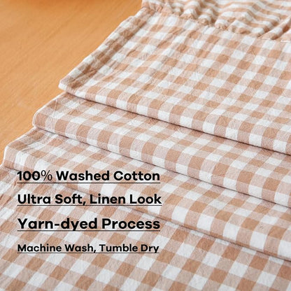 Taupe White Plaid Gingham Ruffle Table Runner 90 inches Long 100% Washed Cotton - Image 8