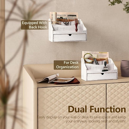 Pine Wood Mail Organizer for Desk - Charming Farmhouse Countertop Mail Sorter for Office Desk & Home Decor - Wooden Letter Organizer with Drawer & Dividers for Room Organization(Whitewash)