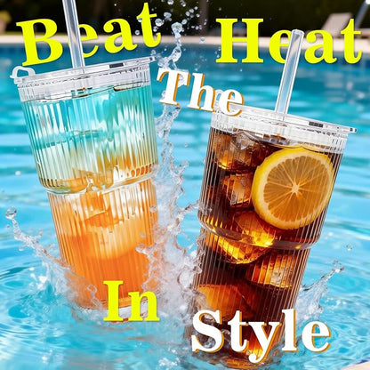 20oz Glass Tumblers with Lids and Straws, Ribbed Glassware - Image 4