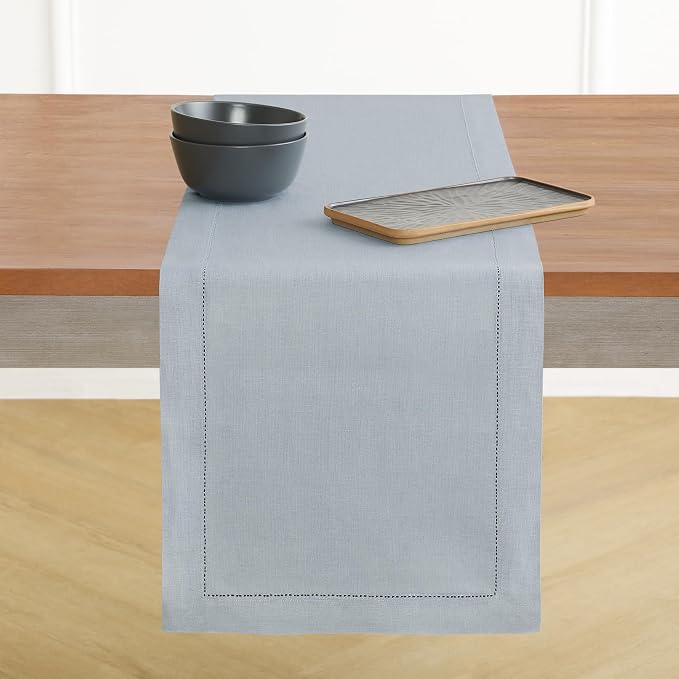 Solino Home 100% Pure Linen Table Runner Dusty Blue Hemstitch, 14 x 156 in | by SolinoHome