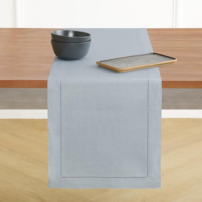 Solino Home 100% Pure Linen Table Runner Dusty Blue Hemstitch, 14 x 156 in | by SolinoHome