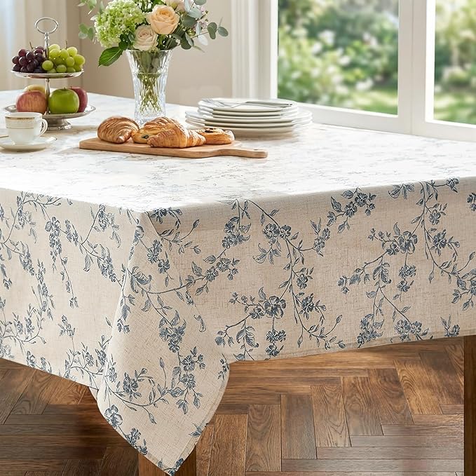 jinchan Blue Farmhouse Floral Linen Square Table Cloth 52 x 52 Inch | Rustic - Image 5
