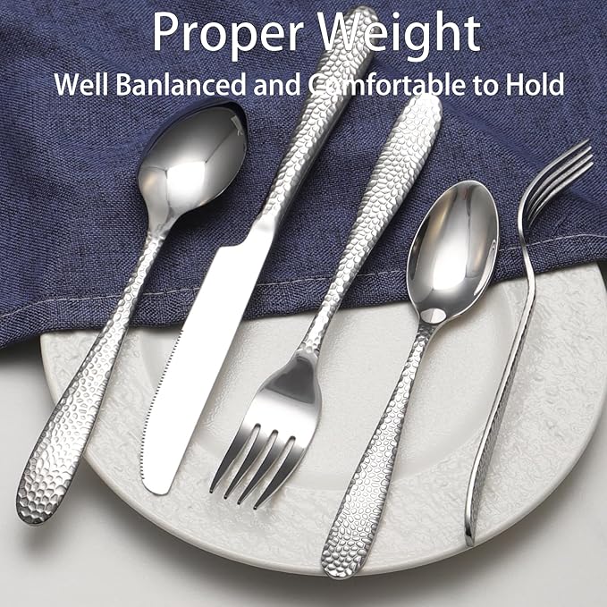 Hammered Silverware Set, 20 Piece Stainless Steel Heavy Duty Flatware Set for 4, Food-Grade Tableware Cutlery Set for Home Restaurant, Mirror Polished, Dishwasher Safe