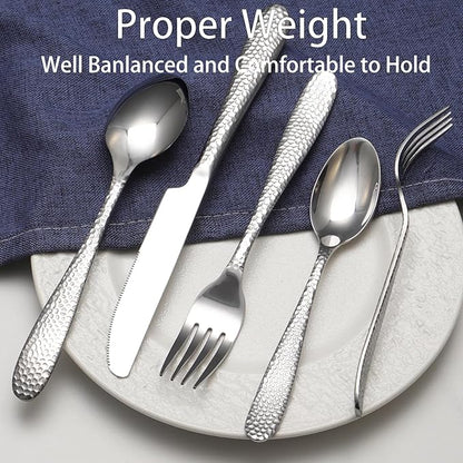 Hammered Silverware Set, 40 Piece Stainless Steel Heavy Duty Flatware Set for 8, Food-Grade Tableware Cutlery Set for Home Restaurant, Mirror Polished, Dishwasher Safe